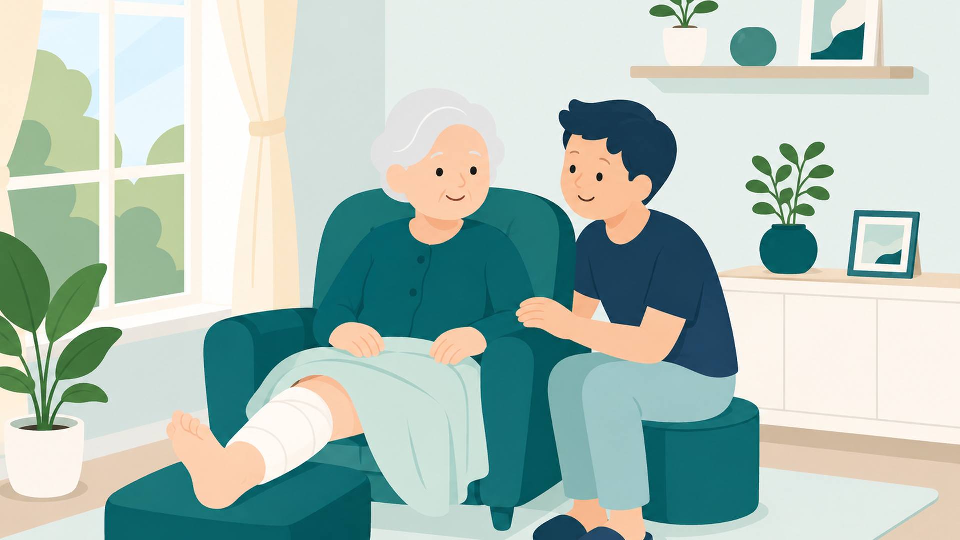 Minh họa: người bệnh lớn tuổi ngồi nghỉ trên ghế tựa tại nhà, người thân ngồi cạnh trò chuyện.